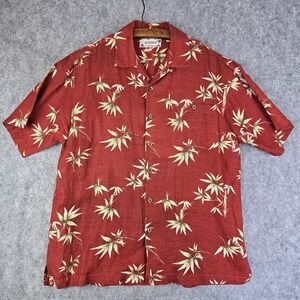 SUMMA Shirt Mens Large Red Linen Hawaiian Bamboo Aloha Button Up Tropical Casual